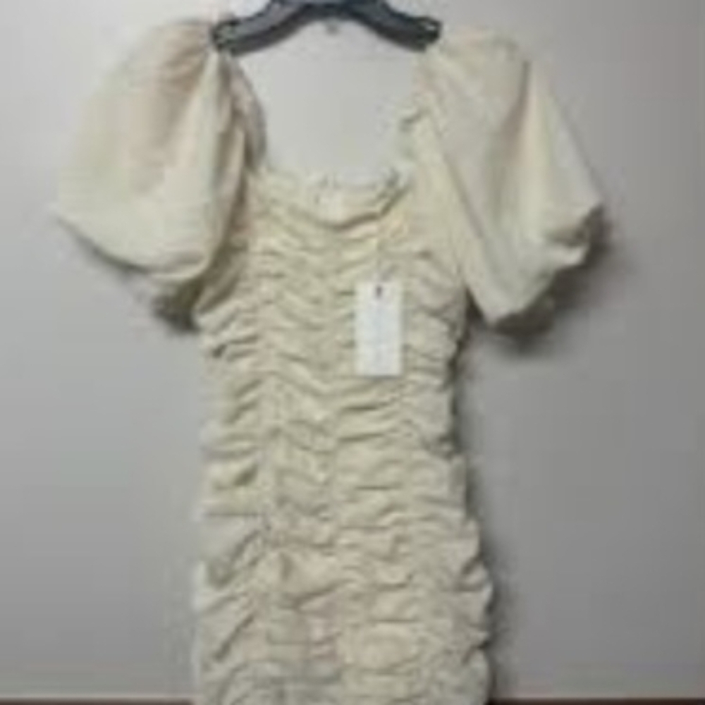 Endless Rose Anthropologie Bubble Dress Ruched Bodycon Puff Sleeves Ivory M NWT
